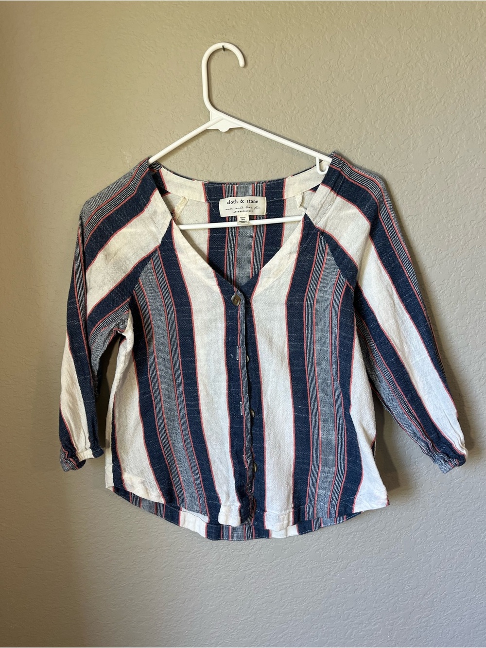 Anthropologie Cloth & Stone Striped Button Front Blouse Top PXS Navy Red White